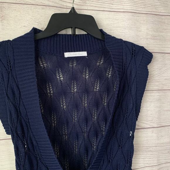 Charlotte Russe Navy Blue Knit Sweater Sheer Deep V-Neck Short Sleeves Medium - Picture 5 of 9